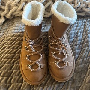 Miu Miu Tan and White Mid-Calf Boots with Sherpa Lining